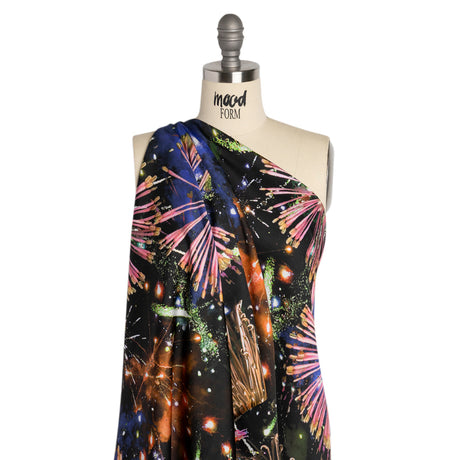 Sustainable and Recycled Viscose Satin Print - Pink, Orange and Black Fireworks and Flowers - Mood Exclusive Mirrored in Nature