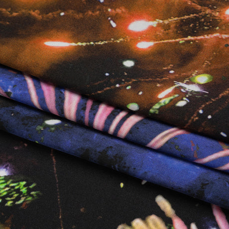 Sustainable and Recycled Viscose Satin Print - Pink, Orange and Black Fireworks and Flowers - Mood Exclusive Mirrored in Nature