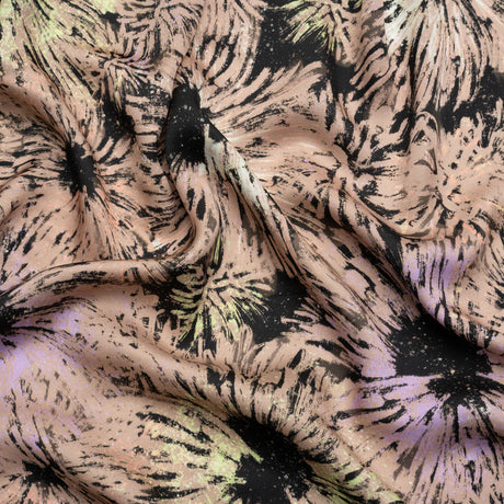 Sustainable and Recycled Viscose Satin Print - Taupe and Black Abstracted Floral - Mood Exclusive Bursting Gardens