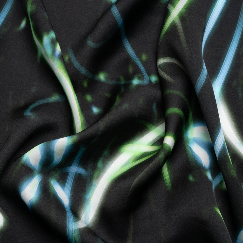 Sustainable and Recycled Viscose Satin Print - Green and Blue Light Streaks - Mood Exclusive Shutter Speed Racer