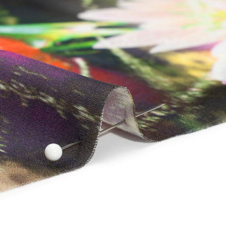 Sustainable and Recycled Viscose Satin Print - Pink, Orange and Yellow Glowing Flowers - Mood Exclusive Ignite the Light