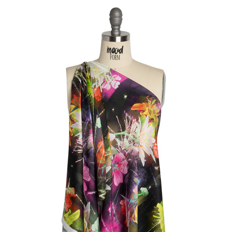 Sustainable and Recycled Viscose Satin Print - Pink, Orange and Yellow Glowing Flowers - Mood Exclusive Ignite the Light
