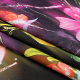 Sustainable and Recycled Viscose Satin Print - Pink, Orange and Yellow Glowing Flowers - Mood Exclusive Ignite the Light
