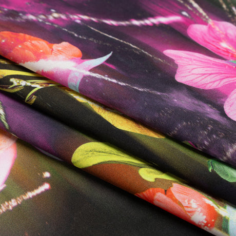 Sustainable and Recycled Viscose Satin Print - Pink, Orange and Yellow Glowing Flowers - Mood Exclusive Ignite the Light