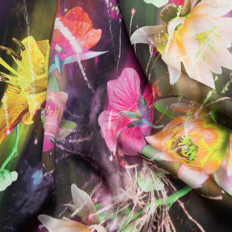 Sustainable and Recycled Viscose Satin Print - Pink, Orange and Yellow Glowing Flowers - Mood Exclusive Ignite the Light