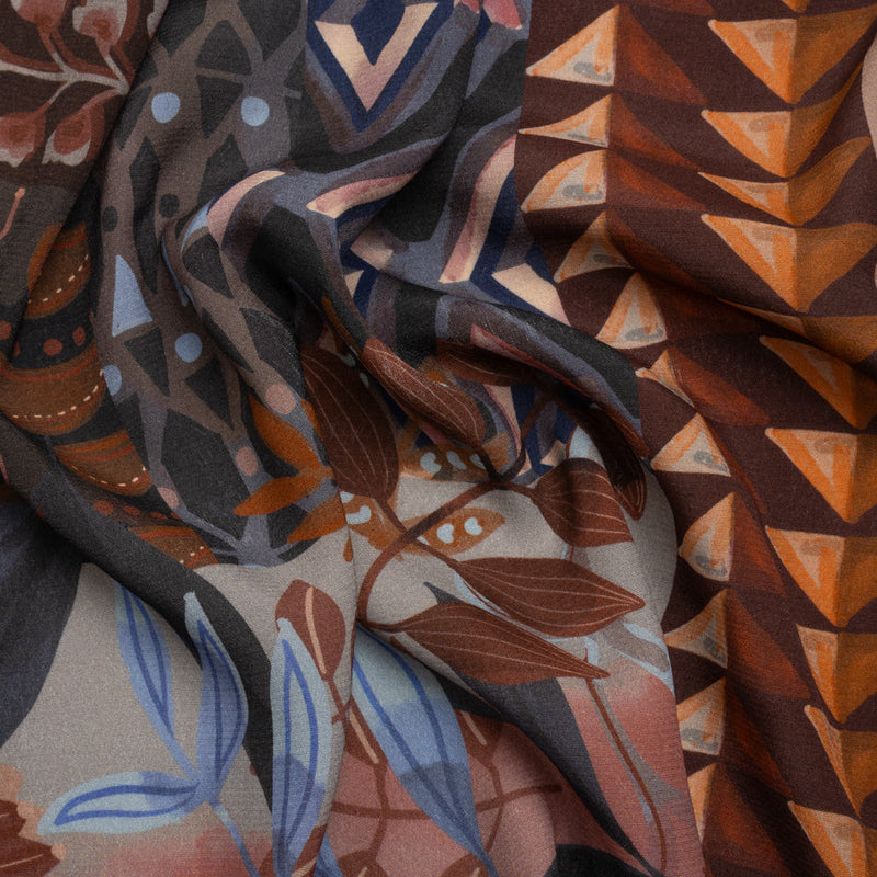 Sustainable Viscose Crepe Print - Navy and Dark Red Floral and Geometric Stripe Patchwork - Mood Exclusive Autumn Equinox