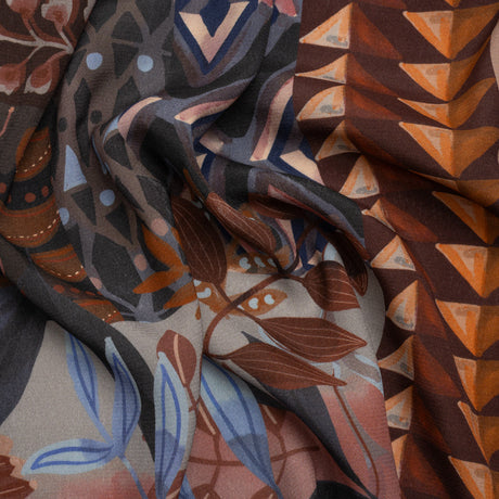Sustainable Viscose Crepe Print - Navy and Dark Red Floral and Geometric Stripe Patchwork - Mood Exclusive Autumn Equinox
