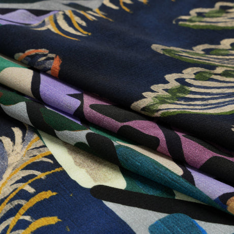 Sustainable Viscose Crepe Print - Blue, Green and Periwinkle Leafy and Geometric Patchwork - Mood Exclusive Curtain Call