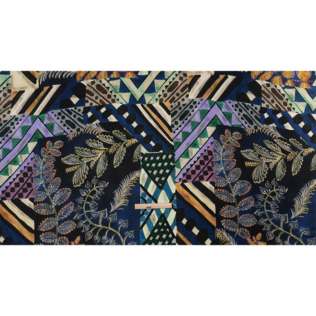Sustainable Viscose Crepe Print - Blue, Green and Periwinkle Leafy and Geometric Patchwork - Mood Exclusive Curtain Call