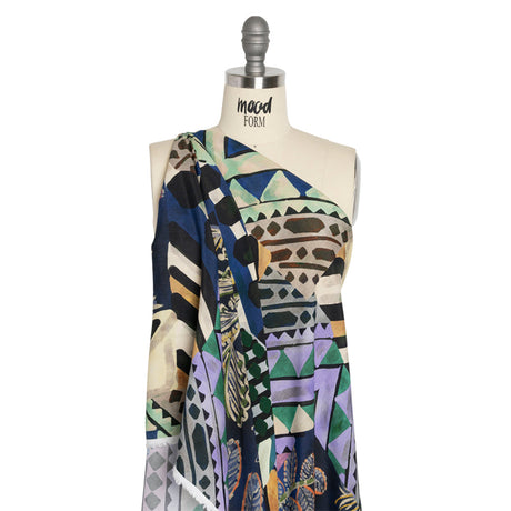 Sustainable Viscose Crepe Print - Blue, Green and Periwinkle Leafy and Geometric Patchwork - Mood Exclusive Curtain Call