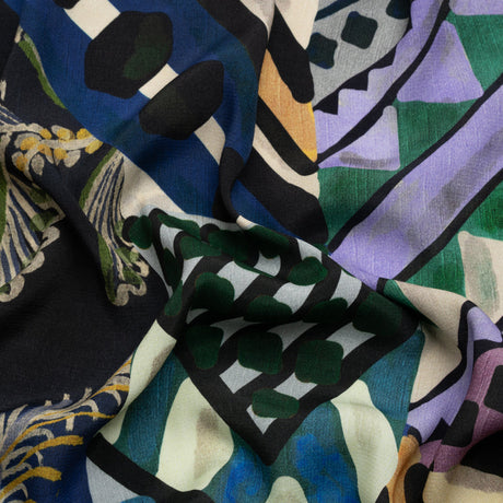 Sustainable Viscose Crepe Print - Blue, Green and Periwinkle Leafy and Geometric Patchwork - Mood Exclusive Curtain Call