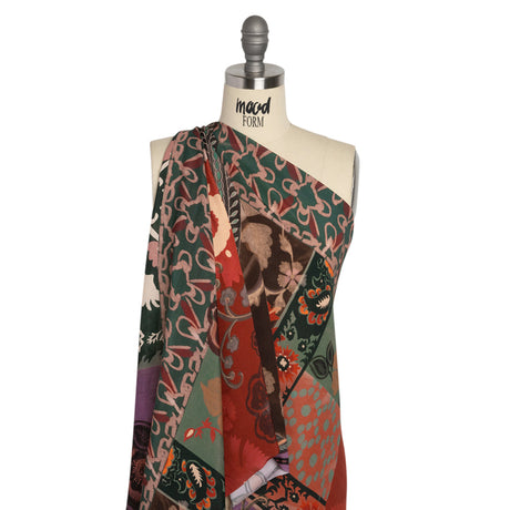 Sustainable Viscose Crepe Print - Red and Dark Teal Floral and Abstract Patches - Mood Exclusive Poppy Patchwork