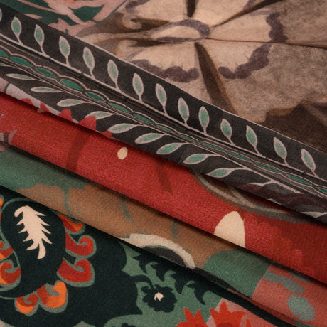 Sustainable Viscose Crepe Print - Red and Dark Teal Floral and Abstract Patches - Mood Exclusive Poppy Patchwork