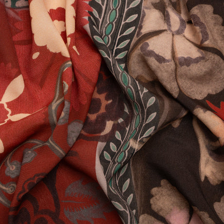 Sustainable Viscose Crepe Print - Red and Dark Teal Floral and Abstract Patches - Mood Exclusive Poppy Patchwork