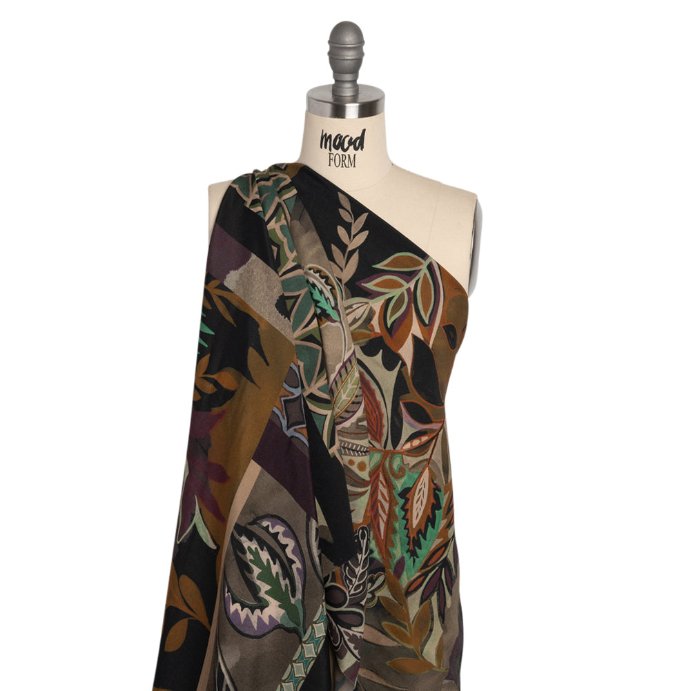 Sustainable Viscose Crepe Print - Brown and Green Leafy and Geometric Patchwork - Mood Exclusive Overgrown Life