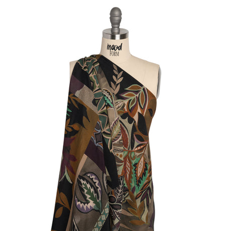 Sustainable Viscose Crepe Print - Brown and Green Leafy and Geometric Patchwork - Mood Exclusive Overgrown Life