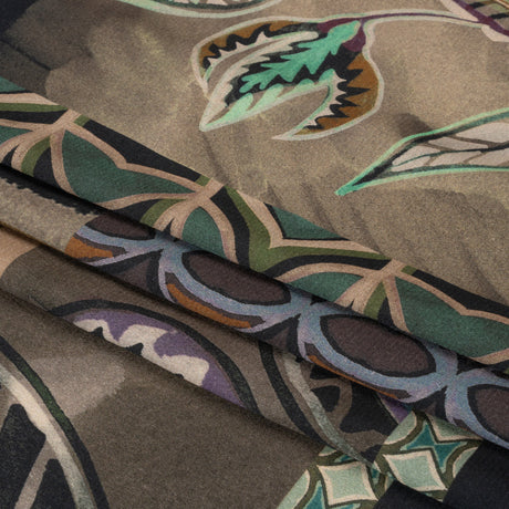 Sustainable Viscose Crepe Print - Brown and Green Leafy and Geometric Patchwork - Mood Exclusive Overgrown Life