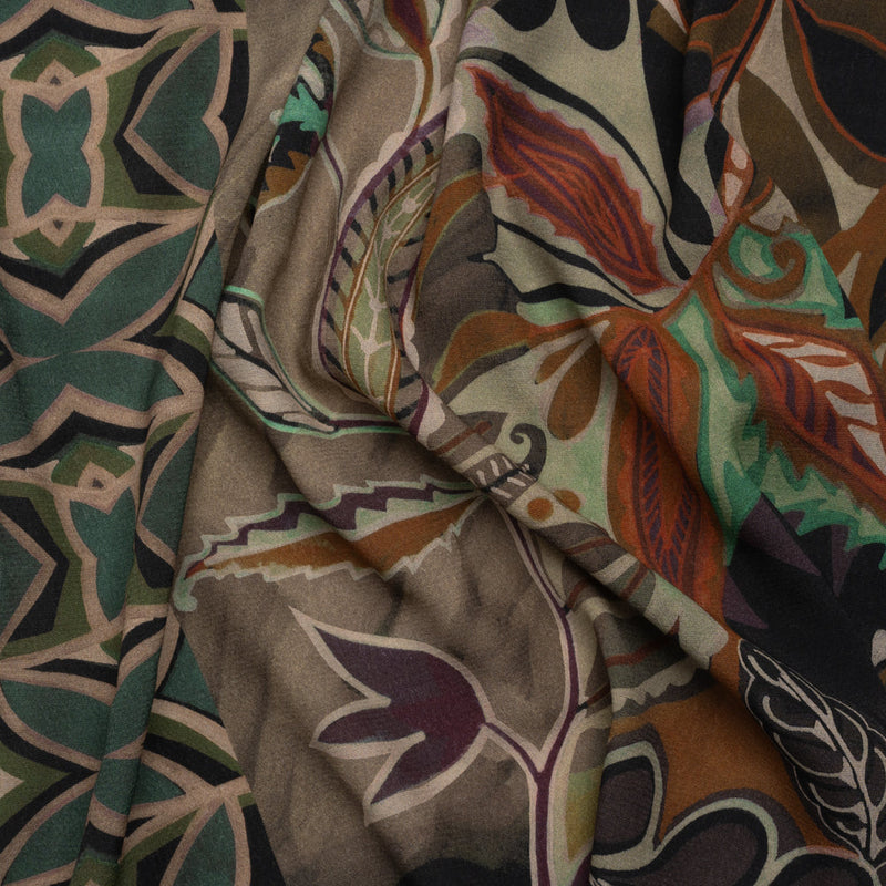 Sustainable Viscose Crepe Print - Brown and Green Leafy and Geometric Patchwork - Mood Exclusive Overgrown Life