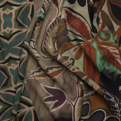Sustainable Viscose Crepe Print - Brown and Green Leafy and Geometric Patchwork - Mood Exclusive Overgrown Life