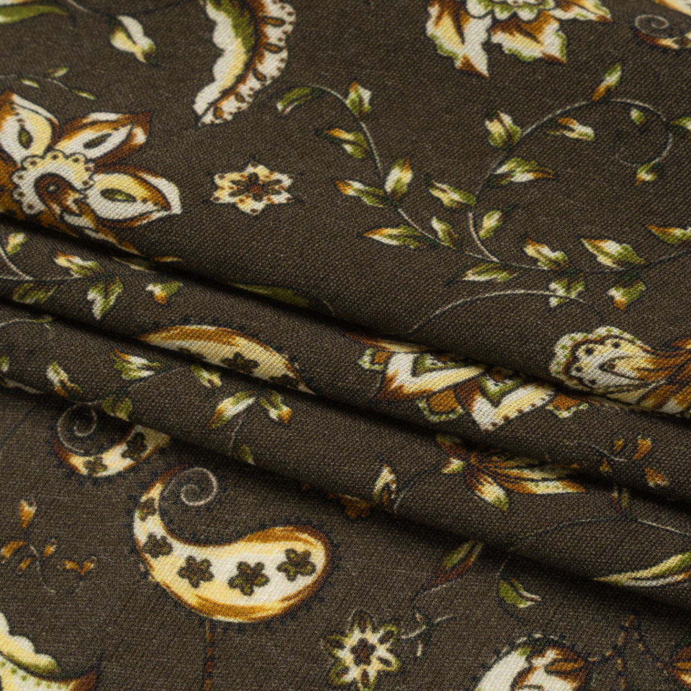 Gauzy Viscose Crepe Print - Charcoal, Green and Brown Jacobean Floral - Mood Exclusive Wooded Wonders