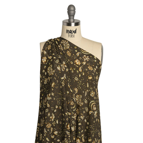 Gauzy Viscose Crepe Print - Charcoal, Green and Brown Jacobean Floral - Mood Exclusive Wooded Wonders