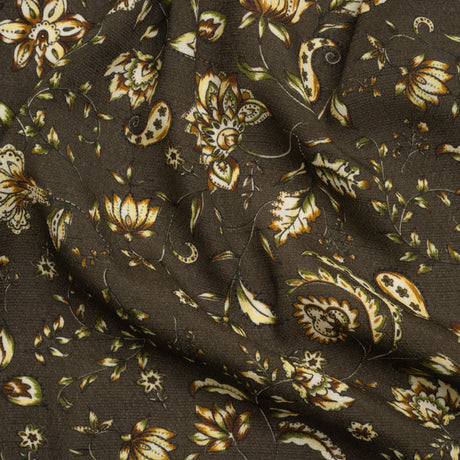 Gauzy Viscose Crepe Print - Charcoal, Green and Brown Jacobean Floral - Mood Exclusive Wooded Wonders