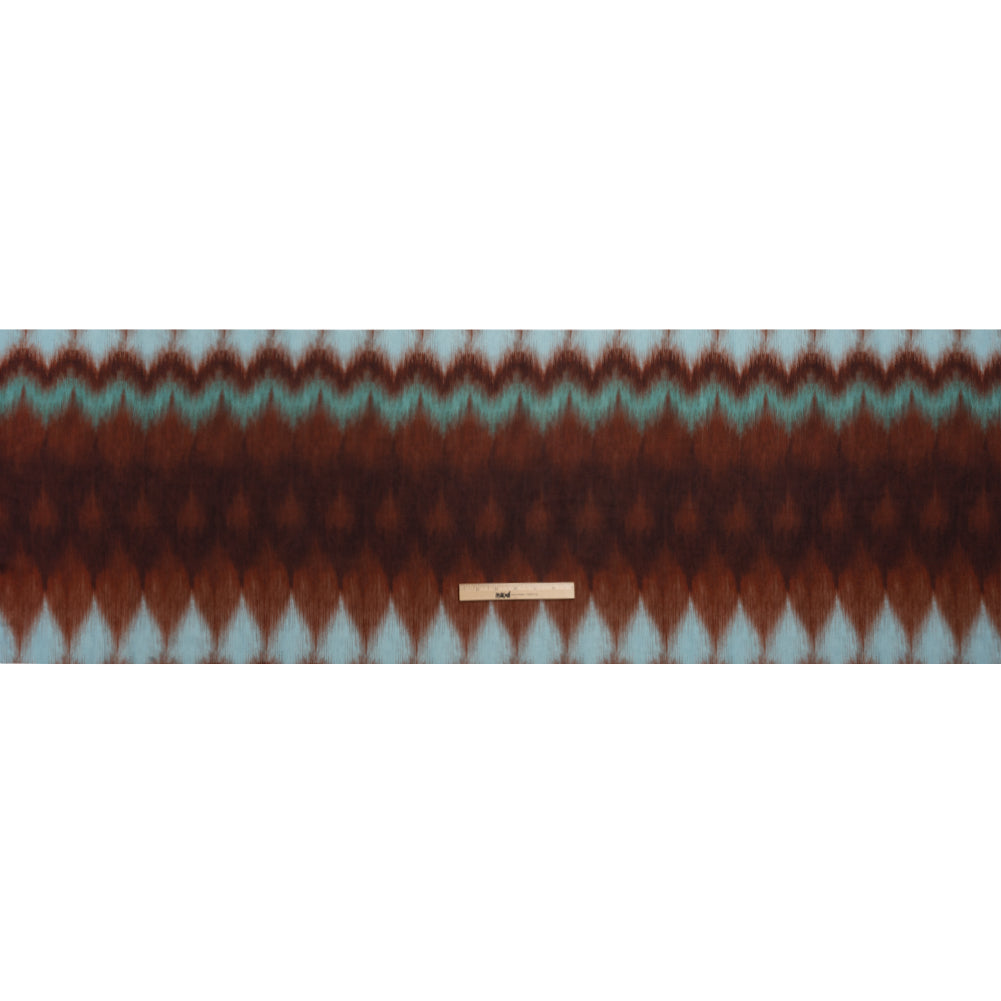 Tencel Woven Print - Red Brown and Aqua Ikat Zig Zags - Mood Exclusive Water and Wine