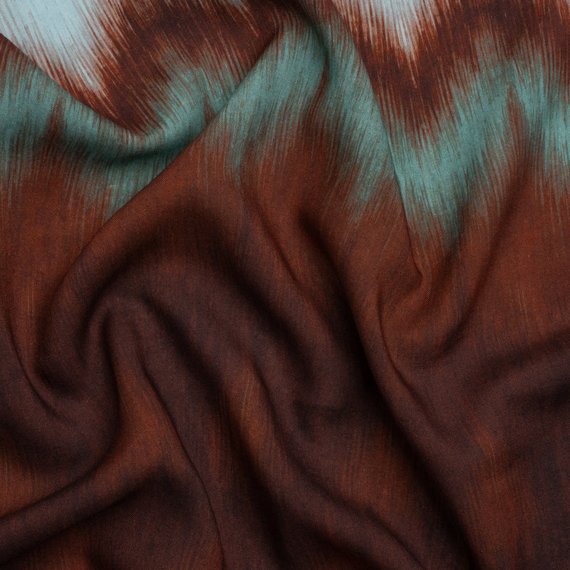 Tencel Woven Print - Red Brown and Aqua Ikat Zig Zags - Mood Exclusive Water and Wine