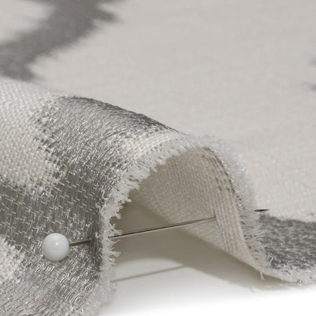 White and Silver Geometric Ikat Viscose, Polyester and Linen Drapery Jacquard