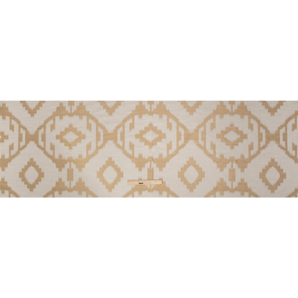 Ivory and Gold Geometric Ikat Viscose, Polyester and Linen Drapery Jacquard