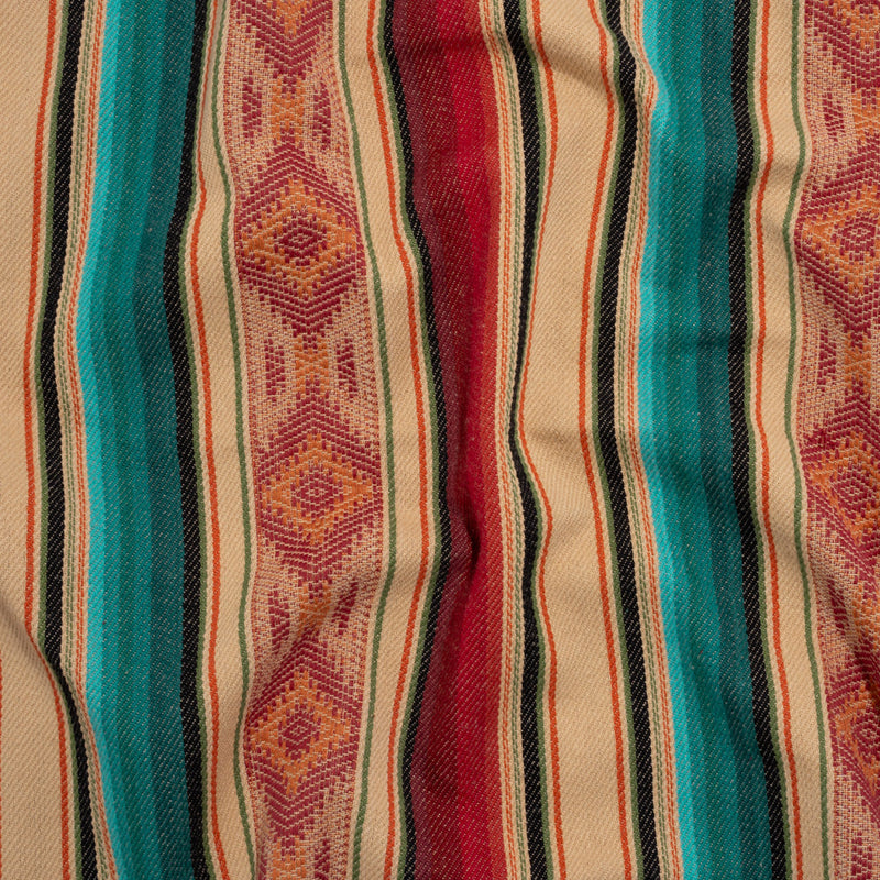 Arizona Red, Beige and Turquoise Diamond and Ombre Stripes Cotton Twill