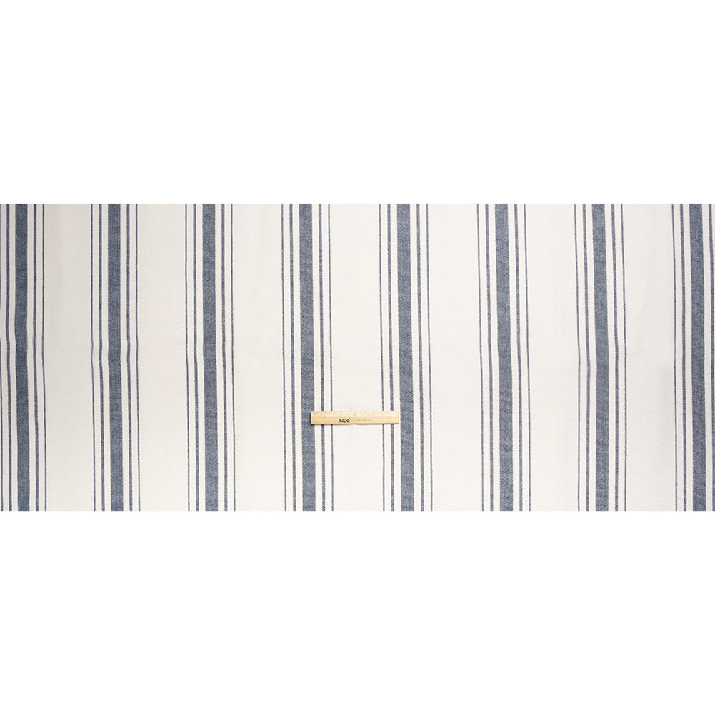 Navy on White Striped Basketweave Cotton Canvas