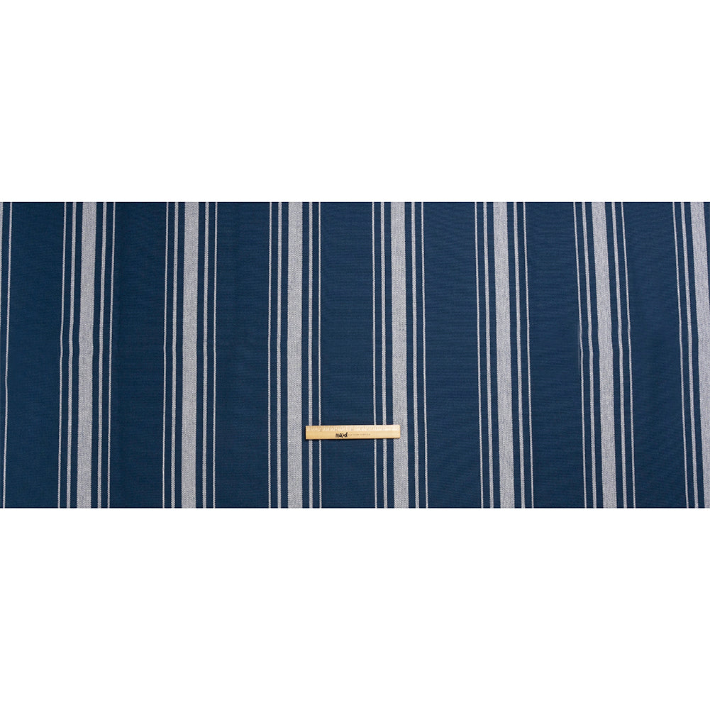 White on Navy Striped Basketweave Cotton Canvas