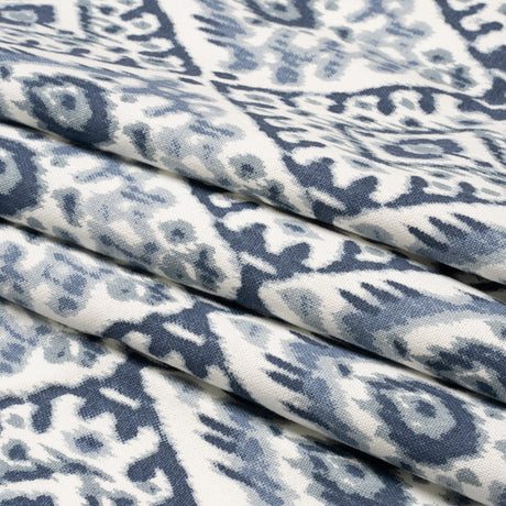 Muted Blue, Navy and White Decorative Ikat Diamonds Cotton Canvas