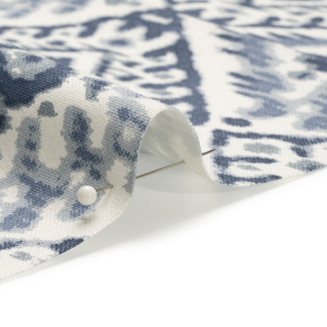 Muted Blue, Navy and White Decorative Ikat Diamonds Cotton Canvas