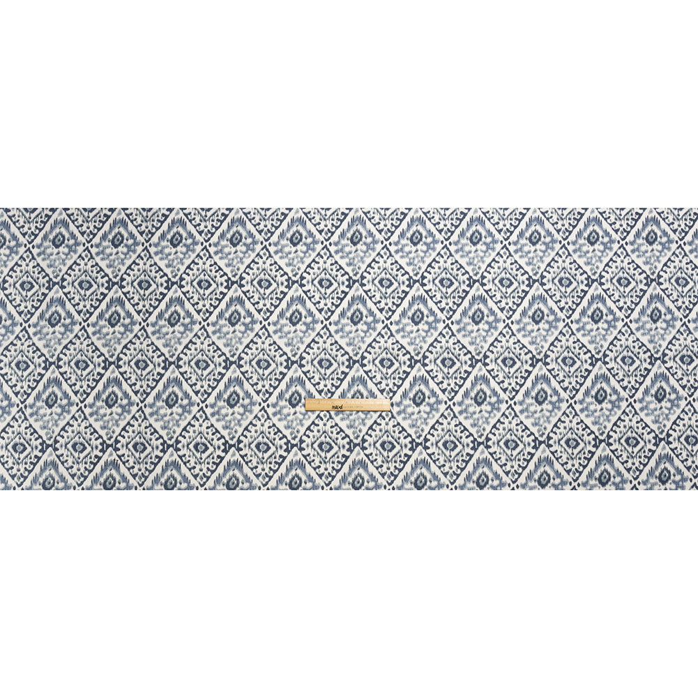 Muted Blue, Navy and White Decorative Ikat Diamonds Cotton Canvas