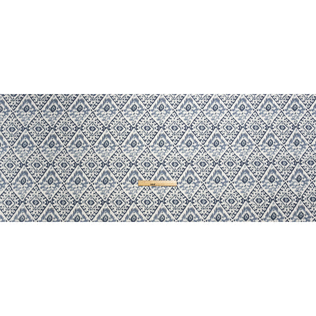 Muted Blue, Navy and White Decorative Ikat Diamonds Cotton Canvas
