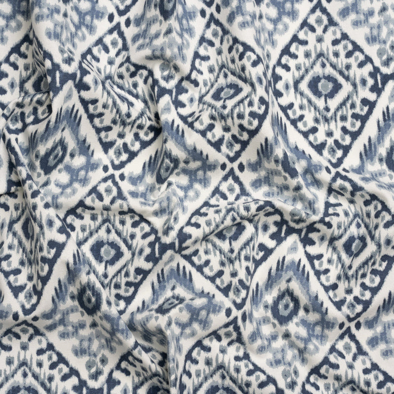 Muted Blue, Navy and White Decorative Ikat Diamonds Cotton Canvas