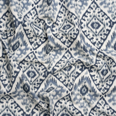 Muted Blue, Navy and White Decorative Ikat Diamonds Cotton Canvas