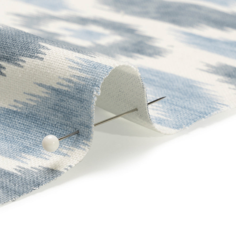 Sky Blue, Gray and White Ikat Geometry Cotton Canvas