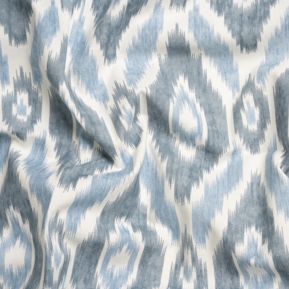 Sky Blue, Gray and White Ikat Geometry Cotton Canvas