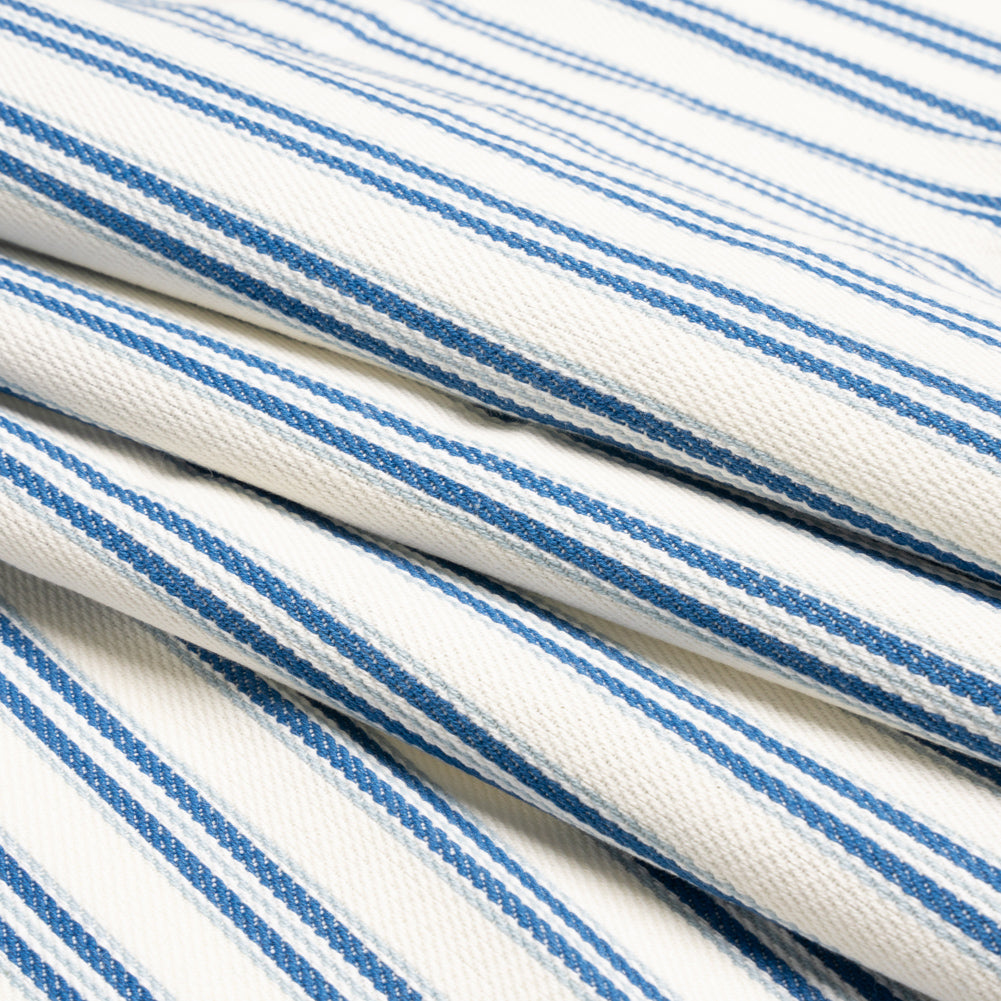 White, Summer Blue and Sky Blue Modern Ticking Stripes Cotton Twill