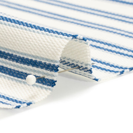 White, Summer Blue and Sky Blue Modern Ticking Stripes Cotton Twill