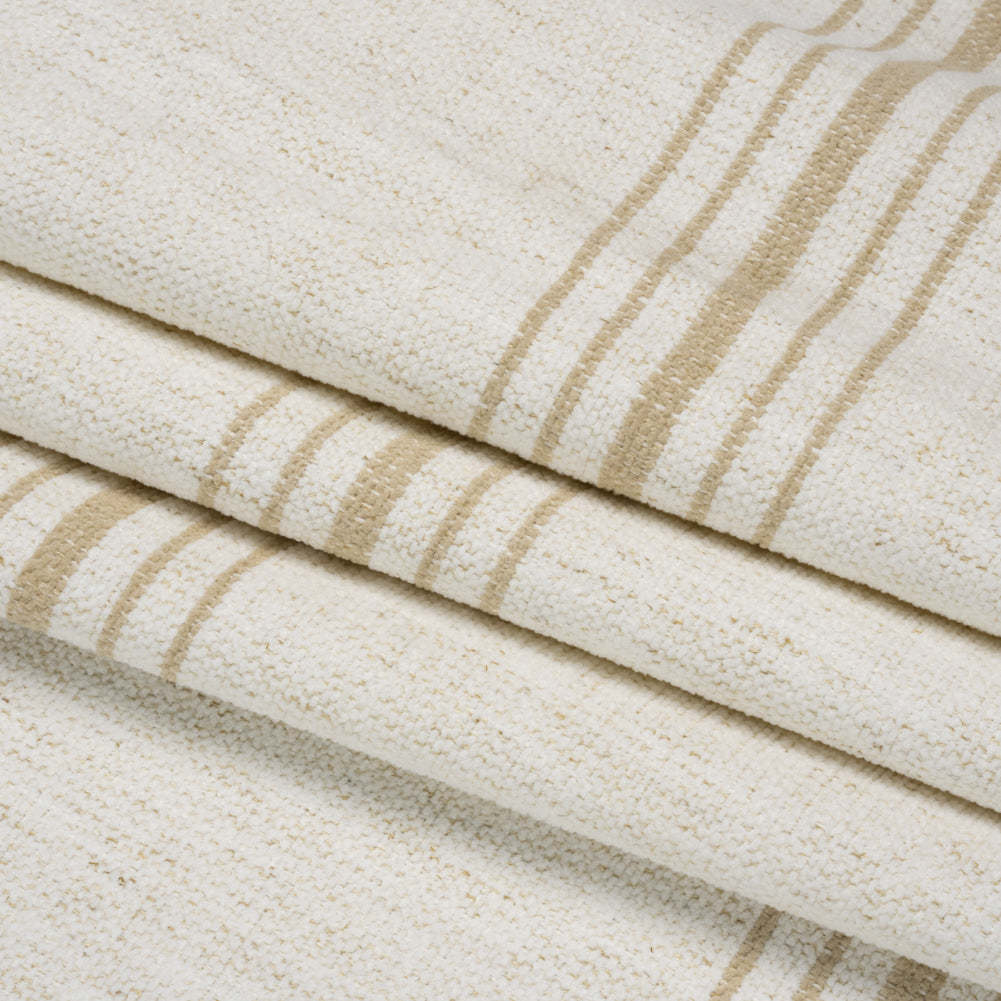 Crypton Sand on White Striped Stain Resistant Polyester and Linen Chenille Upholstery Woven