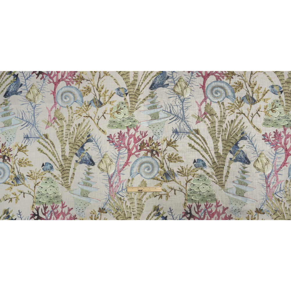 Flax, Pink and Blue Reef Exploration Slubbed Cotton Woven