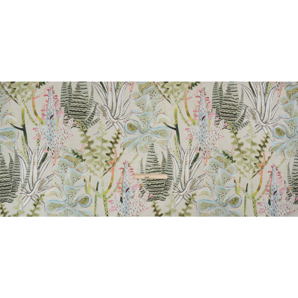 Green, Pastel Pink and Sky Blue Water Plants Slubbed Cotton Woven