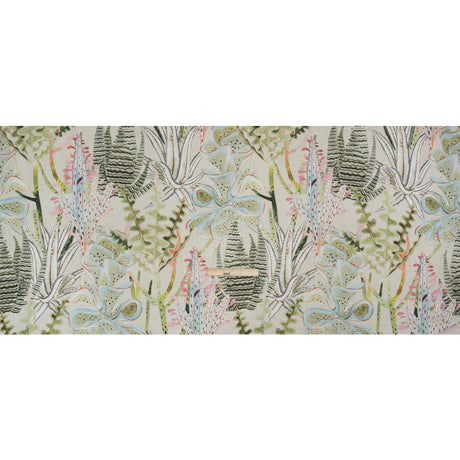 Green, Pastel Pink and Sky Blue Water Plants Slubbed Cotton Woven