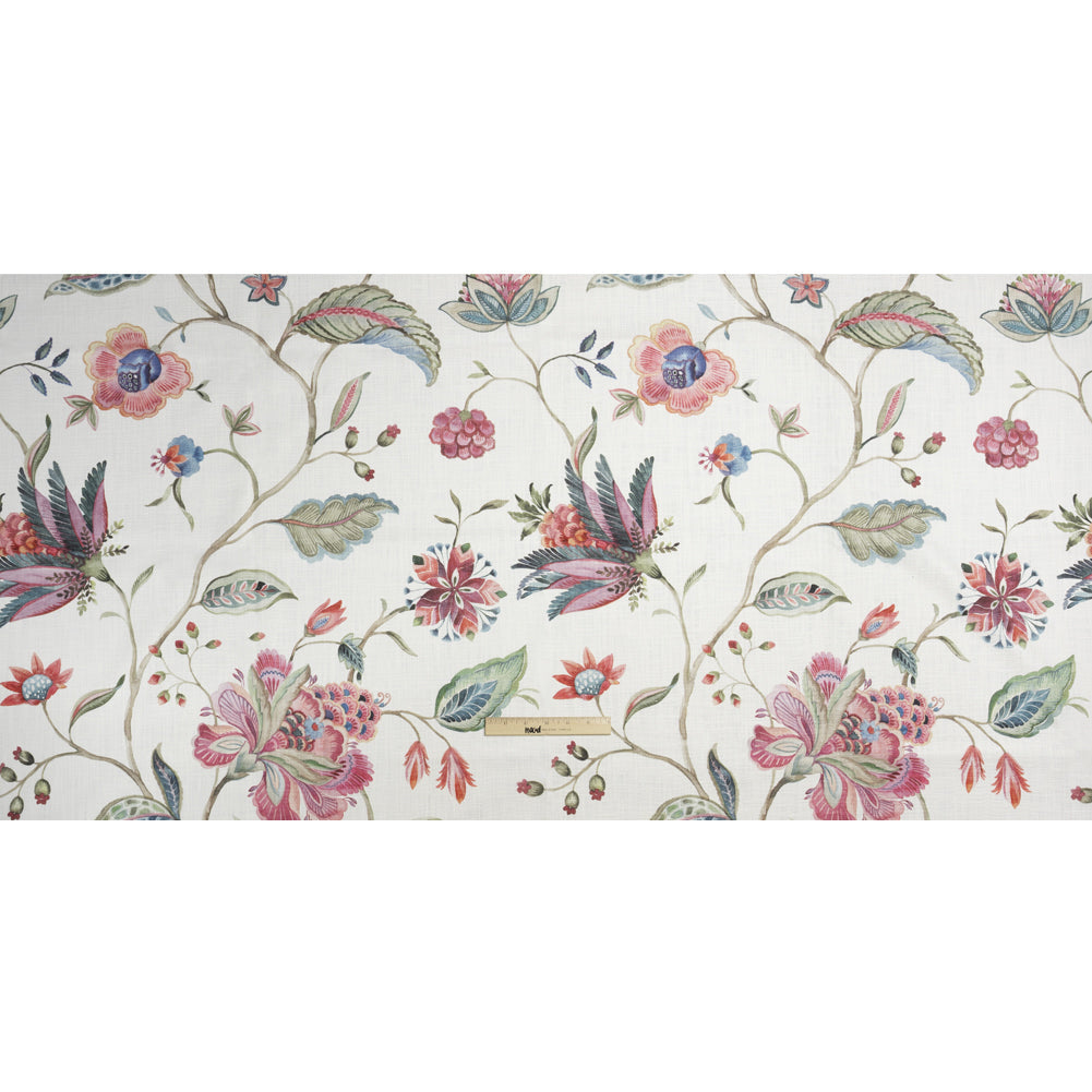 Berry, White and Teal Floral Slubbed Cotton Woven