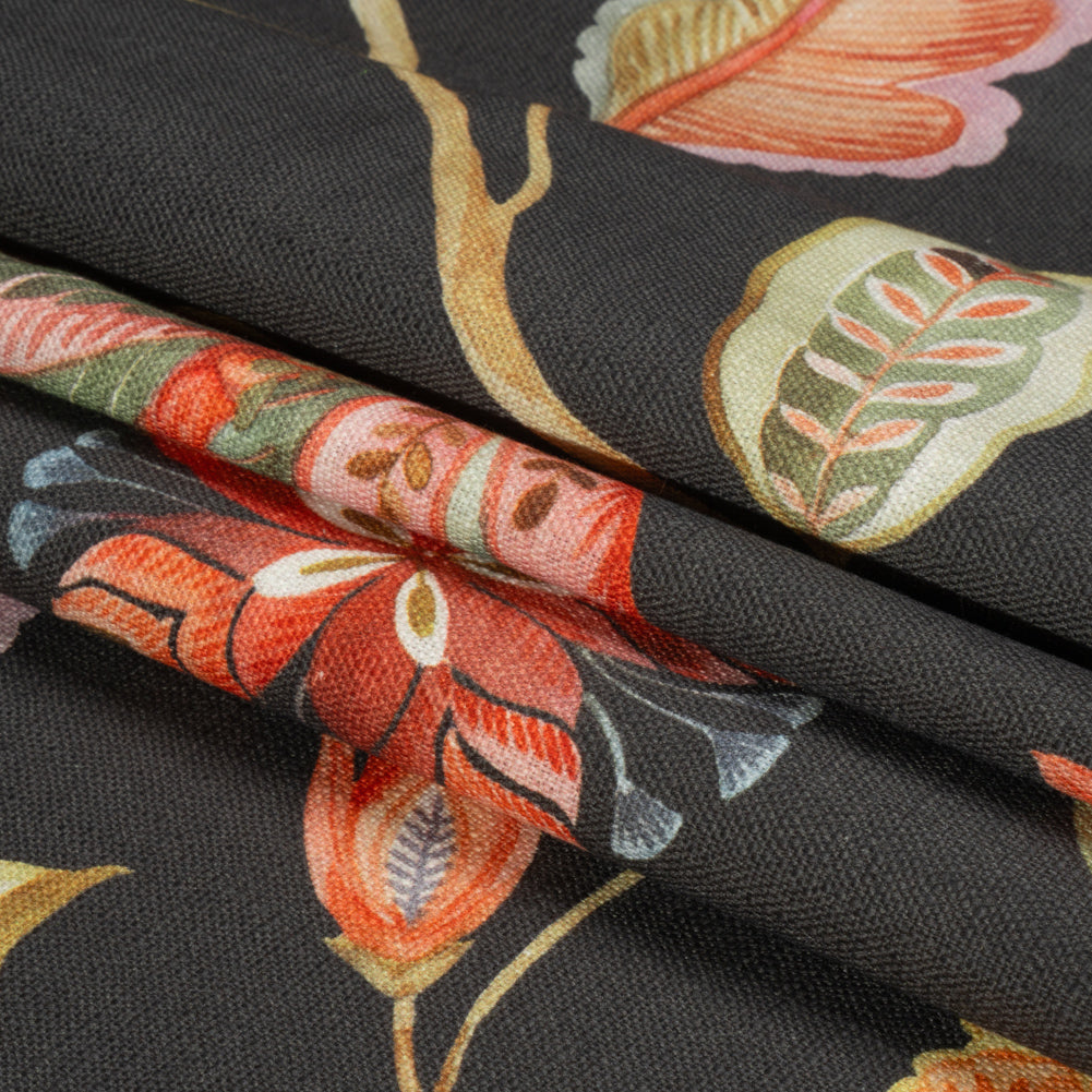 Shale, Red and Orange Floral Slubbed Cotton Woven