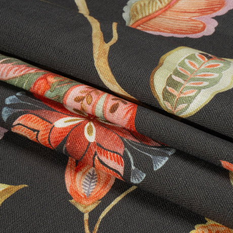 Shale, Red and Orange Floral Slubbed Cotton Woven